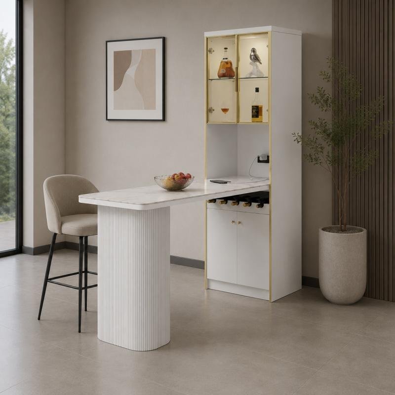 Milanese Luxury Fluted Bar Counter & Illuminated Wine Cabinet Combo