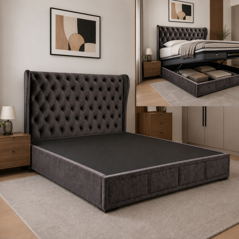 Premium Diamond-Tufted Hydraulic Storage Bed Frame