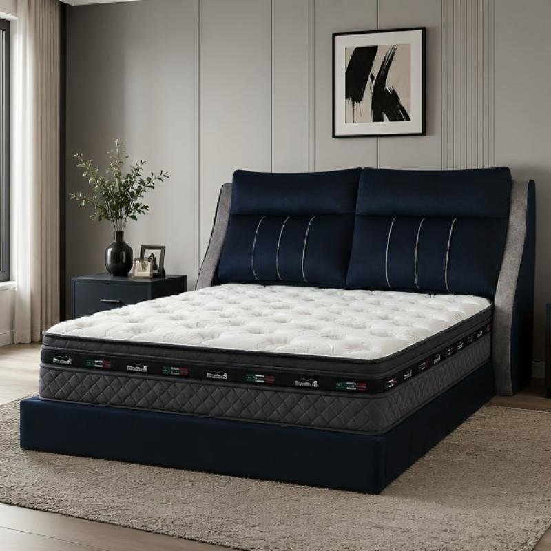 Midnight Velvet Luxury Bed Frame with Ergonomic Wingback Headboard (Queen Size)
