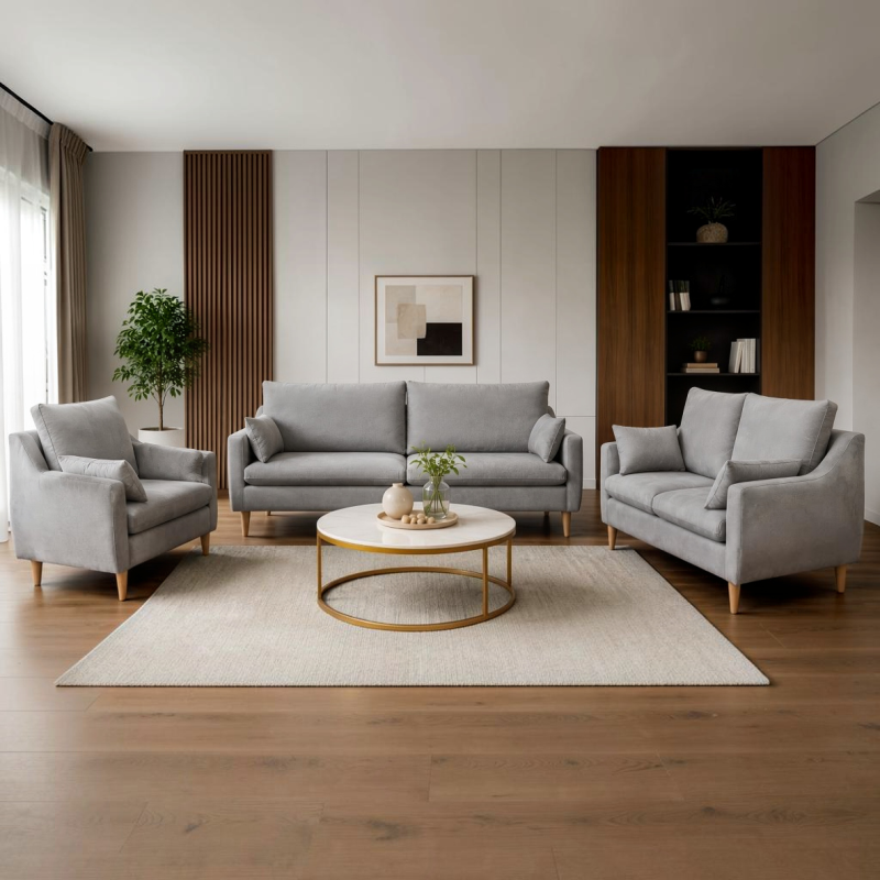 Nordic Breeze Light Gray Fabric Sofa Set 1+2+3 seater