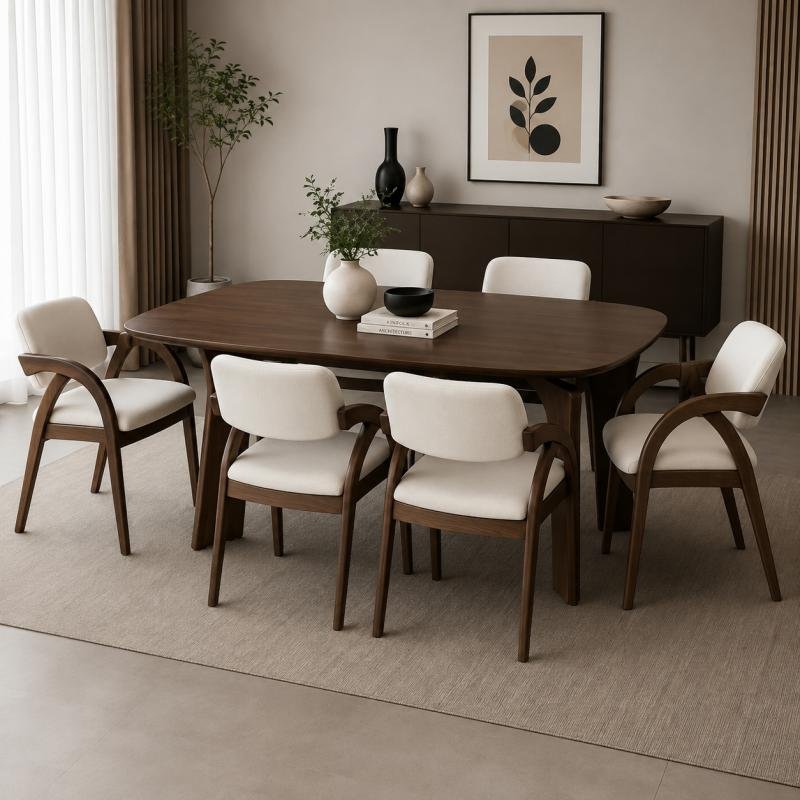 Organic Modern Walnut Dining Table & Cream Sculptural Armchair Set