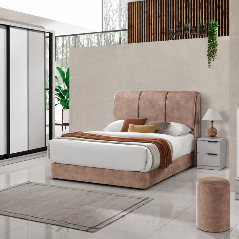 5-Piece Bedroom Furniture Set – Arctic White & Dusty Rose Velvet