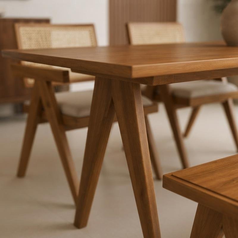 Kyoto Japandi 6-Piece Solid Wood & Rattan Dining Set