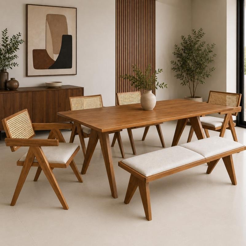 Kyoto Japandi 6-Piece Solid Wood & Rattan Dining Set