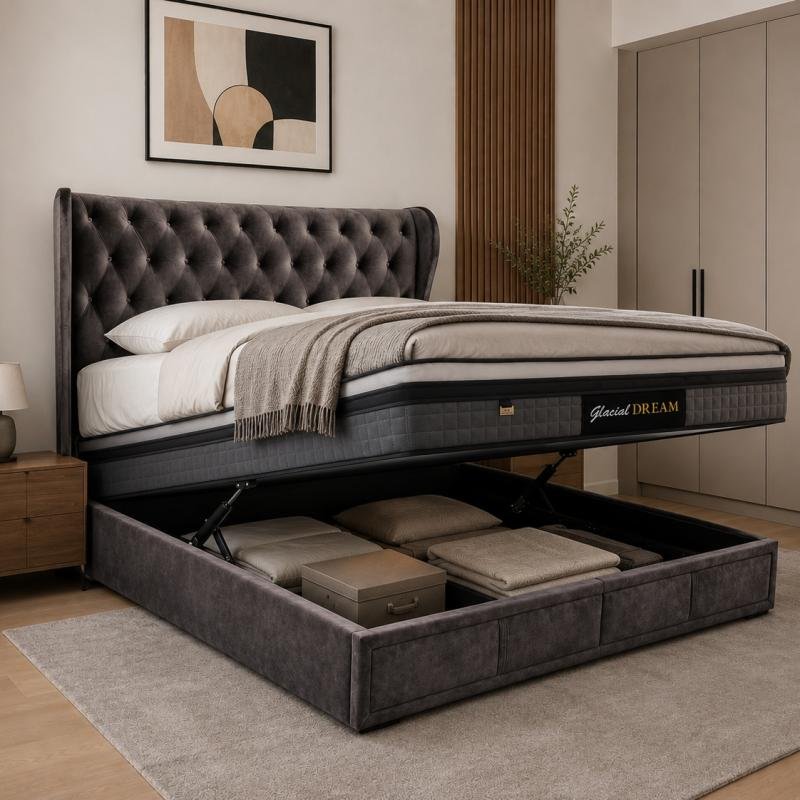 Premium Diamond-Tufted Hydraulic Storage Bed Frame