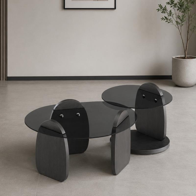 Eclipse Modern 2-Piece Nesting Coffee Table Set (Smoked Glass & Dark Ash)