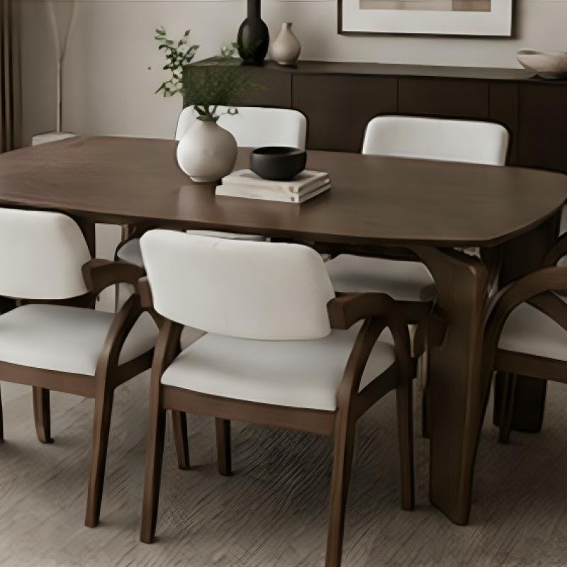 Organic Modern Walnut Dining Table & Cream Sculptural Armchair Set