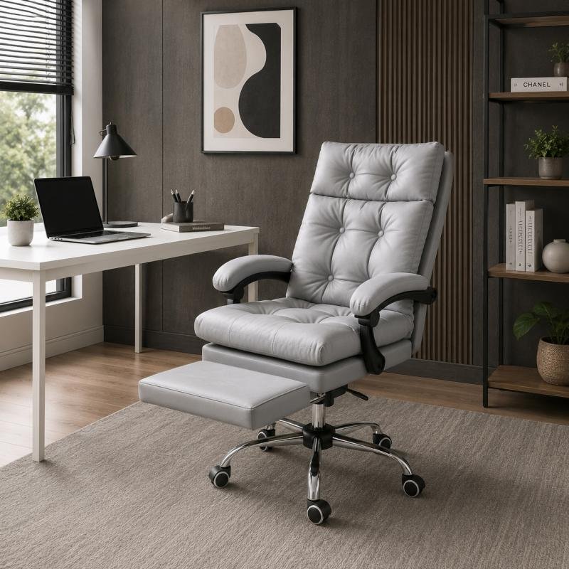 High-Back Tufted PU Leather Executive Office Chair with Footrest